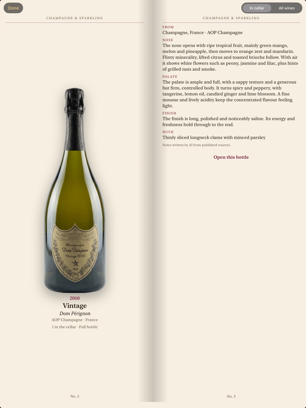 The Wine List on iPad as a two-page spread
