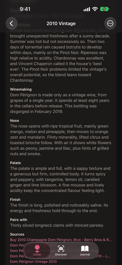 Tasting notes for a wine